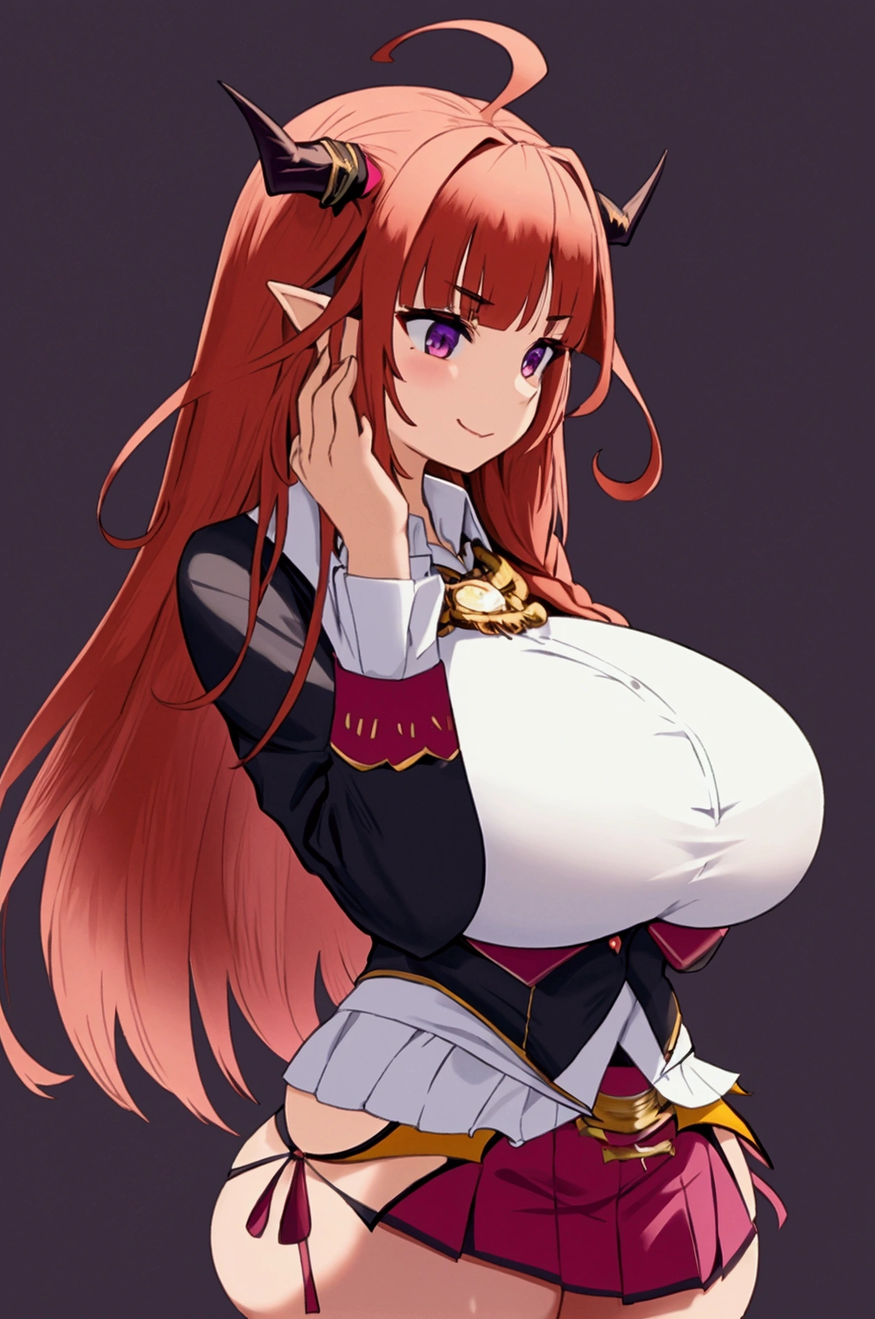 looks straight, feet shoulder width apart, hands on the sides, happy face, turned to face, red mini skirt, White shirt, black unbuttoned blazer, thick thighs, Incredibly huge breasts, tight clothes, purple dragon tail