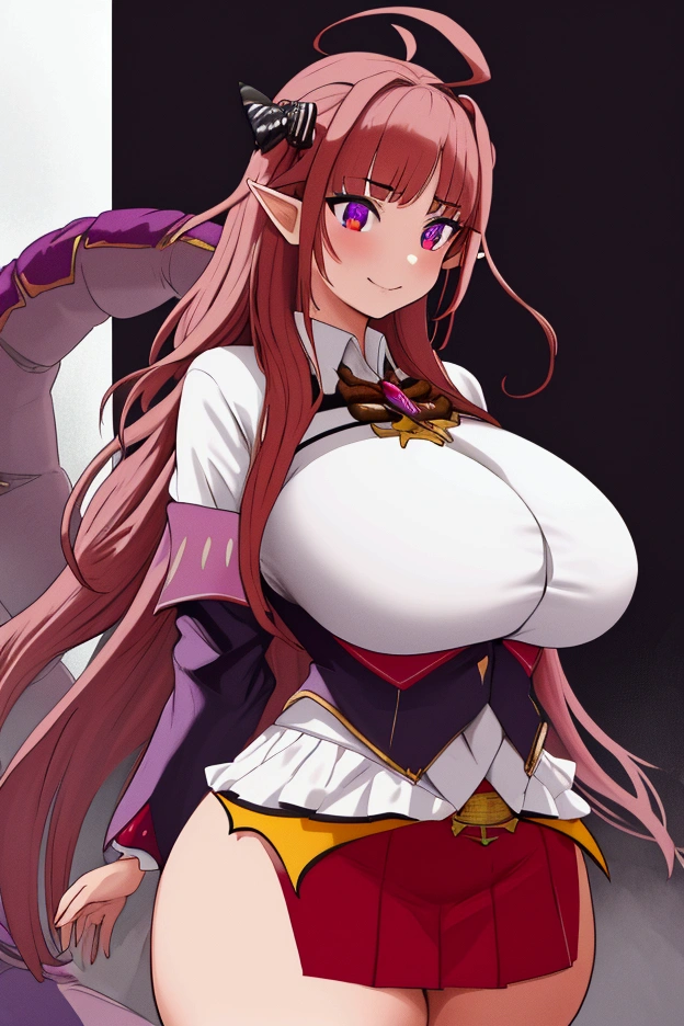 looks straight, feet shoulder width apart, hands on the sides, happy face, turned to face, red mini skirt, White shirt, black unbuttoned blazer, thick thighs, Incredibly huge breasts, tight clothes, purple dragon tail