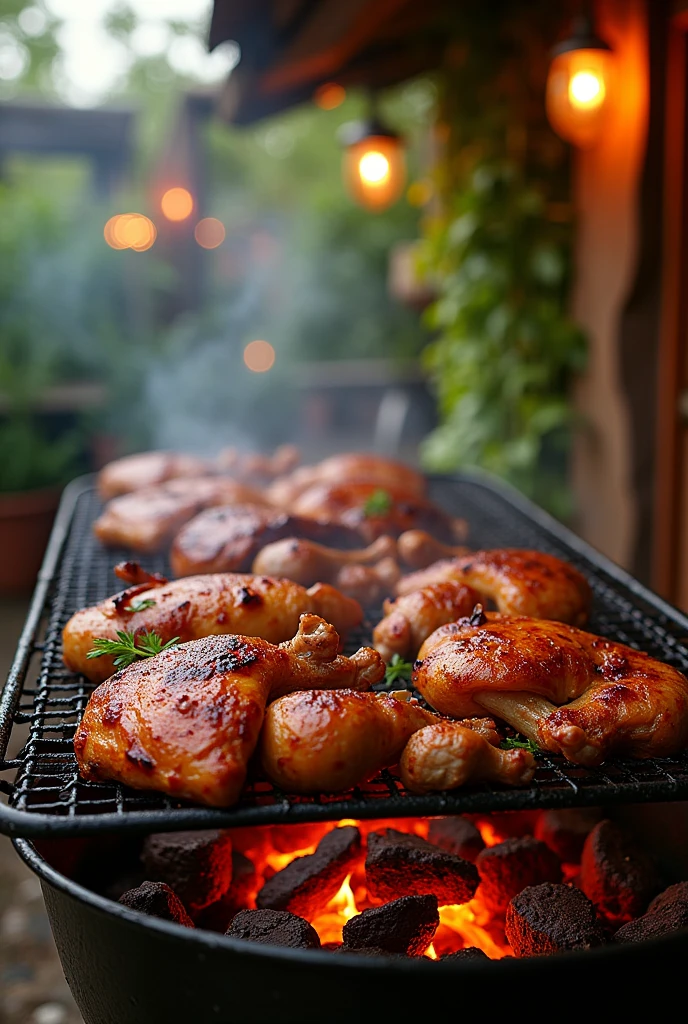 An image of a grill with chicken and meat and that says roasts doña mary, for a food menu