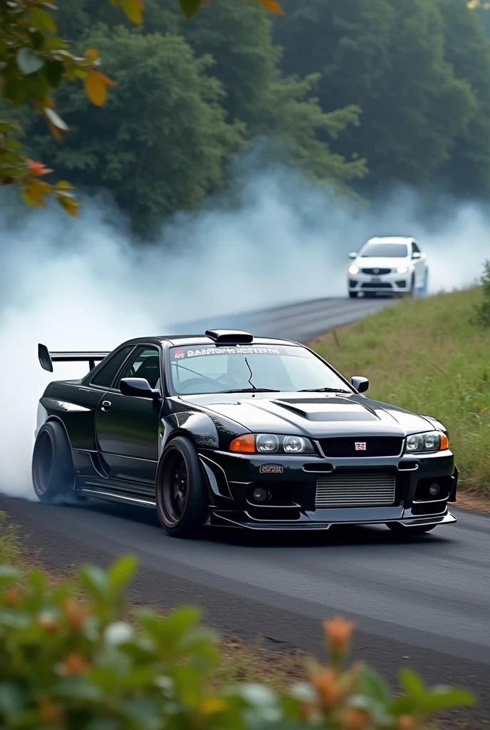 Gtr r32 com body kit pandem, further away white in the back drift with vegetation