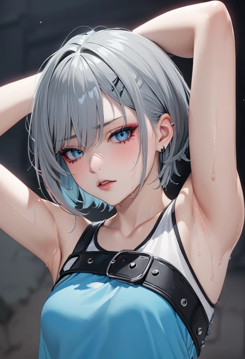 8k high resolution,detailded face,detailed bpdy,perfect body,ultra high quality,1 girl,sleeveless shirt,arms up,armpit, sweating, grey hair, blue eyes, short haircut, punk rock girl, red_eyeshadows