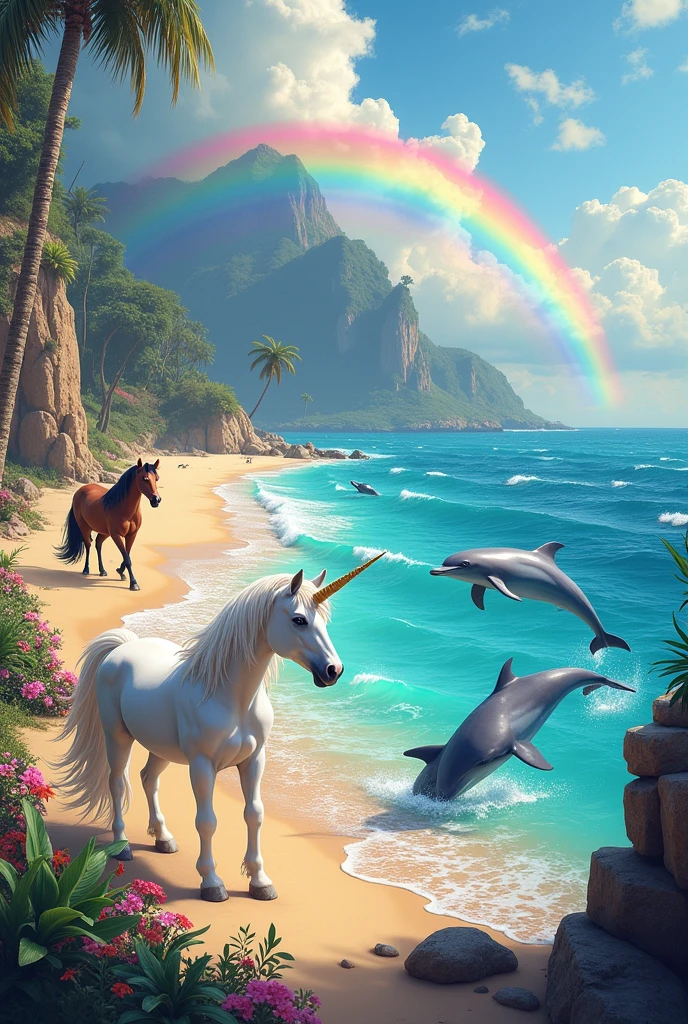 Create a colorful image with unicorns and dolphins inside a realistic beach with the horses swimming with the dolphins jumping on the colorful beach with rainbows and everything with many colors and various horses and unicorns and colors