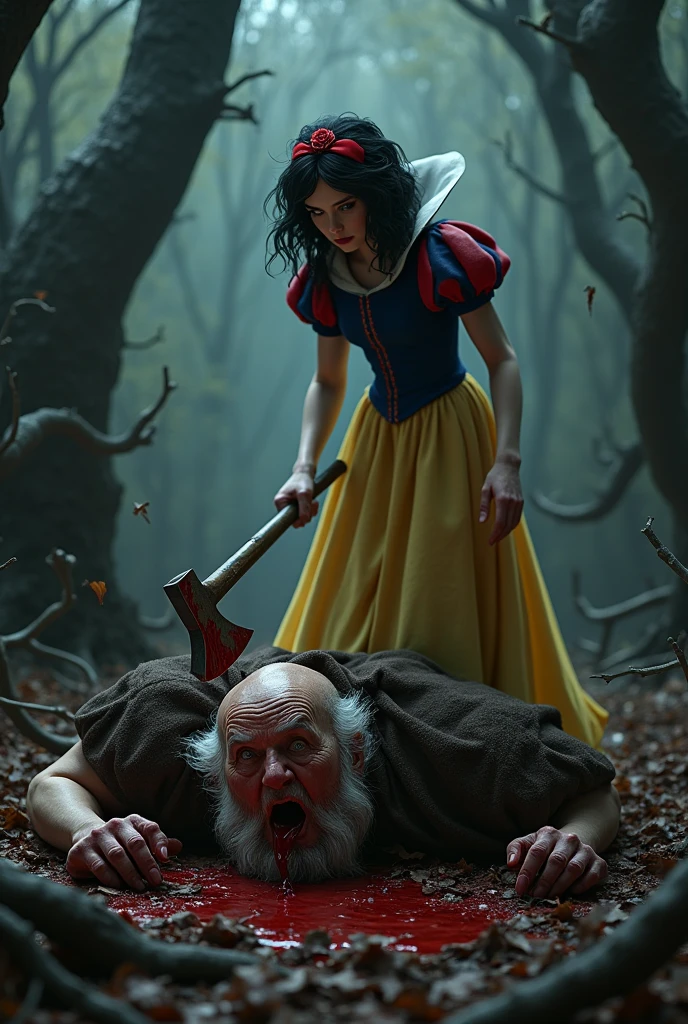Snow White cutting off Grumpy&#39;s head with an axe in realistic version