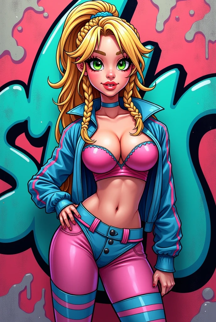 cartoon charachture graffitti art blonde multicolored microbraided hair female with green eyes revealing extra large cleavage and tight pink and blue outfit with matching shoes