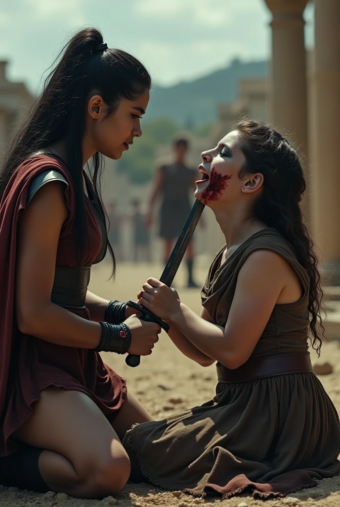 Realism, super quality, action photography style, a defeated woman kneels, her son () holds the tip of a sword to a woman's throat, knife stab in the throat, Her head is thrown back strongly.., the woman has a large manly Adam's apple, (woman - 30 year old warrior, throat slit, gothic makeup, pale skin, long hair) (son is ) ancient greece battle
