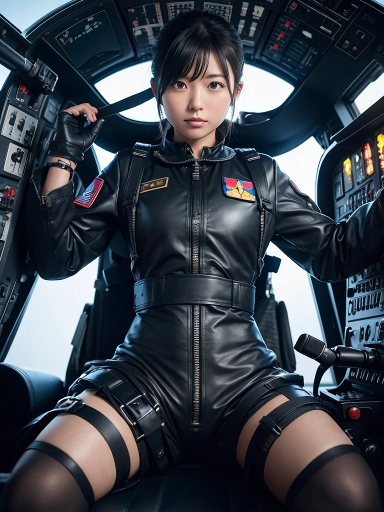 Japanese female air force pilots,Black Hair,He is fully secured in his seat in the cockpit of a fighter jet by a thick harness.,Plump,Slightly thicker,Spread your legs,Squat,Pilot Suit,Helmet,Surrounded by switches and monitors,