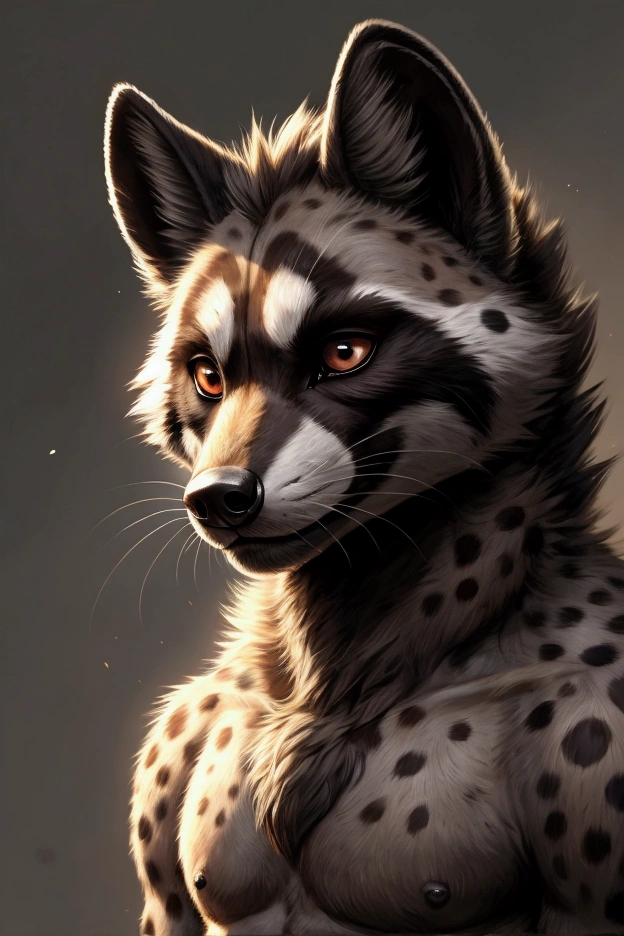 Raccoon Hyena hybrid mix, male, dark grey and lighter grey body fur, dark brown spots