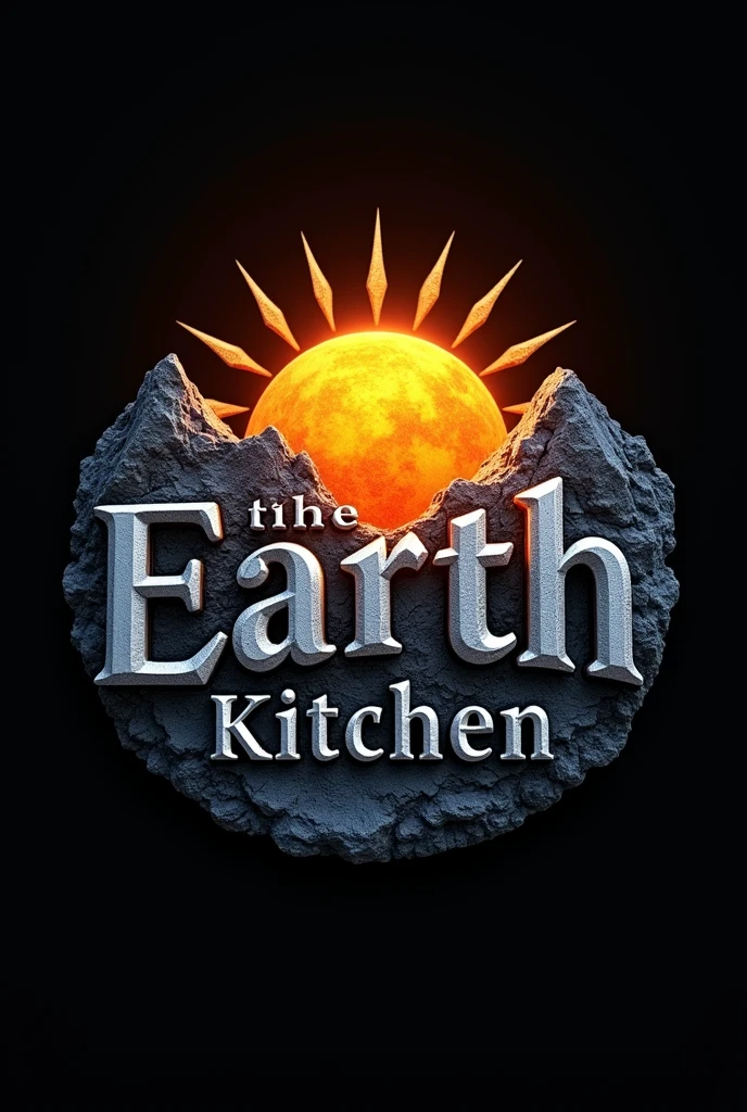 (photorealism:1.2), a logo with a black background containing the words "The Sun and Earth Kitchen" that they are inside a sun and a snowy mountain with the letters in Spanish 
