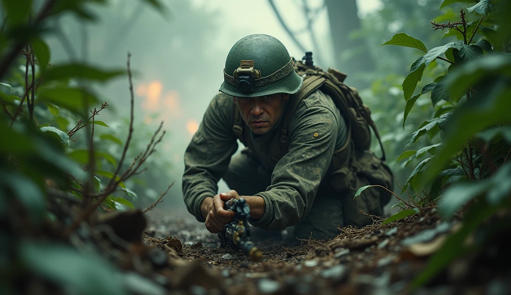 detailed american military soldier, vietnam war 1969, combat scene, realistic, gritty, raw, intense battle, smoke, explosions, debris, fog of war, barbed wire, camouflage, weapons, mud, jungle environment, lush foliage, dramatic lighting, photorealistic, cinematic, highly detailed, 8k, masterpiece