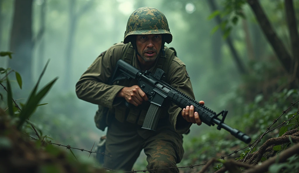 detailed american military soldier, vietnam war 1969, combat scene, realistic, gritty, raw, intense battle, smoke, explosions, debris, fog of war, barbed wire, camouflage, weapons, mud, jungle environment, lush foliage, dramatic lighting, photorealistic, cinematic, highly detailed, 8k, masterpiece