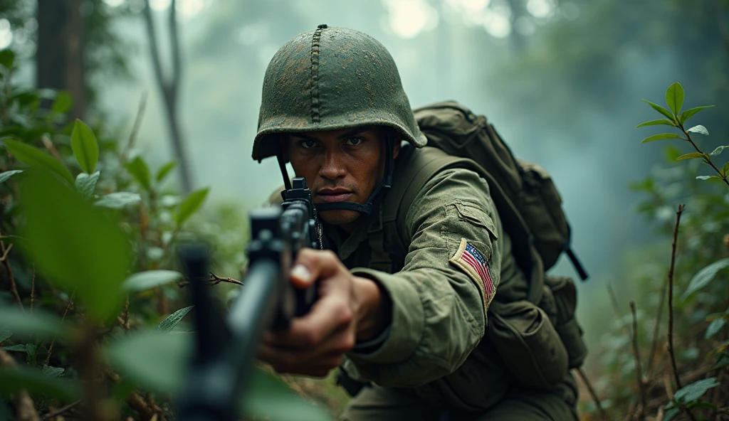 detailed american military soldier, vietnam war 1969, combat scene, realistic, gritty, raw, intense battle, smoke, explosions, debris, fog of war, barbed wire, camouflage, weapons, mud, jungle environment, lush foliage, dramatic lighting, photorealistic, cinematic, highly detailed, 8k, masterpiece