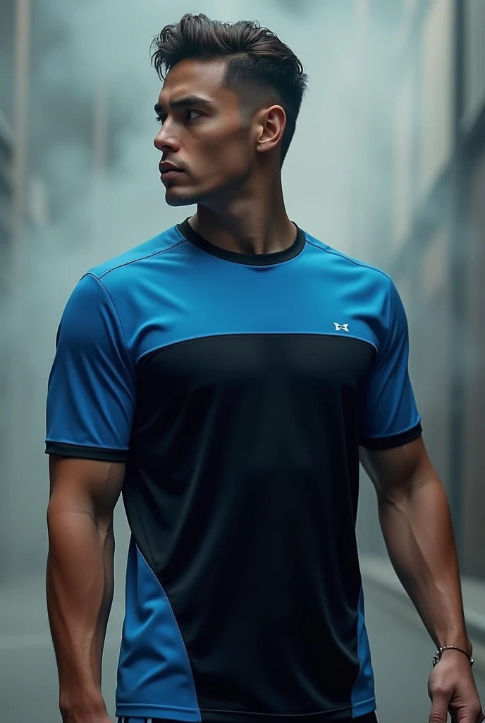 Sports blouse in the colors Black on top and Blue on the bottom with a smoky finish With short sleeves Front Male 