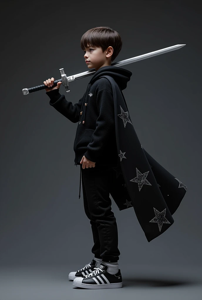 A 1 boy with brown hair combed back, dressed in a black military sweater, underneath a white player, black pants and black and white adidas superstars, with a sword with shades of grey, black and white, and he also wears a cape that has the night sky with stars on it