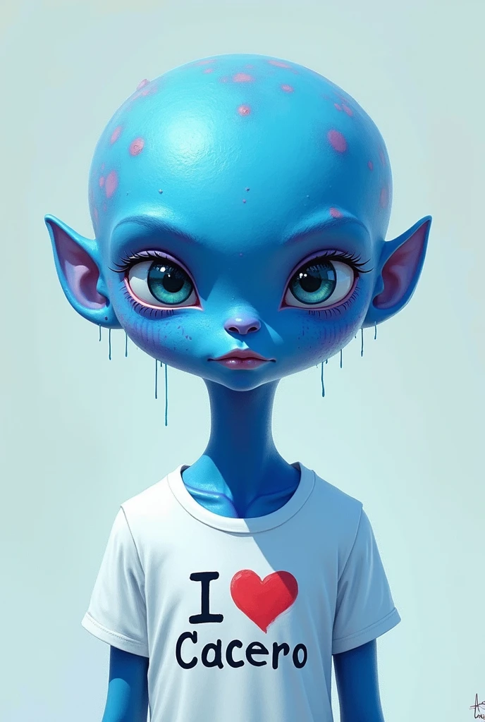 Extraterrestre azulado com uma camisa branca escrito I 💙 Cícero.