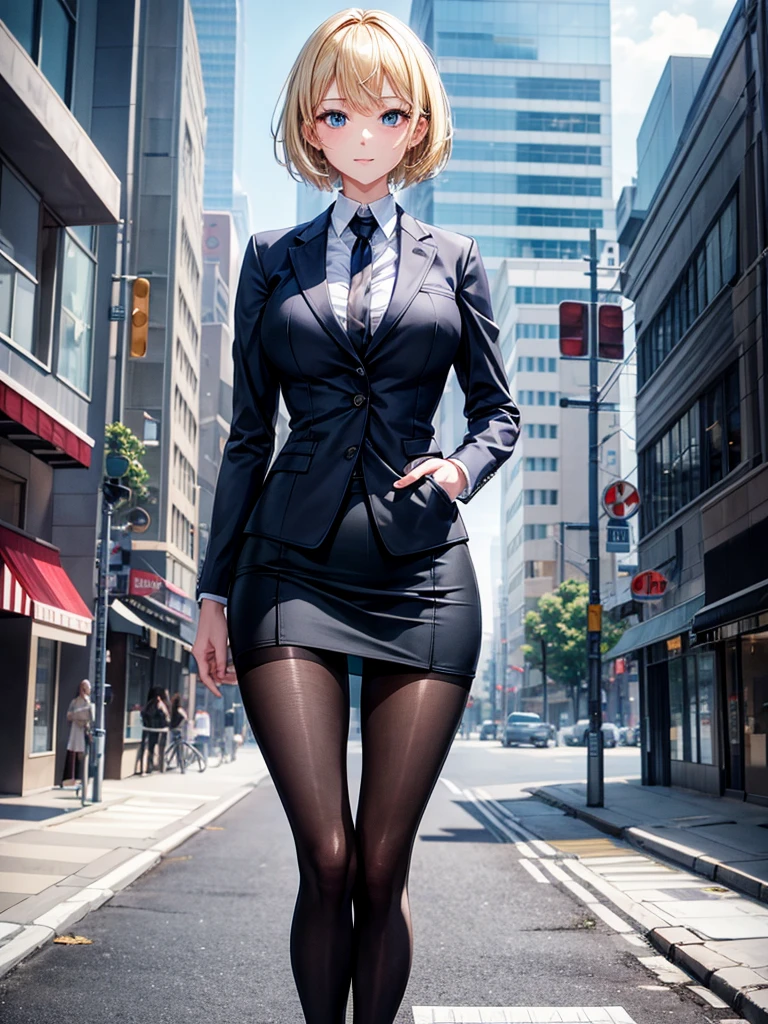 Anime style, super fine illustration, highly detailed, beautiful detailed, perfect detailed, super high quality image, static representation, gentle expression, happy expression, the pretty image, super stylish, 8k, pretty 1girl with blonde straight short hair & blue eyes & a bright smile & full bust & soft fair skin is a career woman supervisor who is not to show her skin wearing big light blue business shirt & black summer tailored jacket & black tight skirt & black pantyhose on the urban business buildings street, in the morning, solo, perfect fingers, no more fingers, no less fingers, perfect arms, no more arms, perfect legs, no more legs, no more hair, masterpiece.