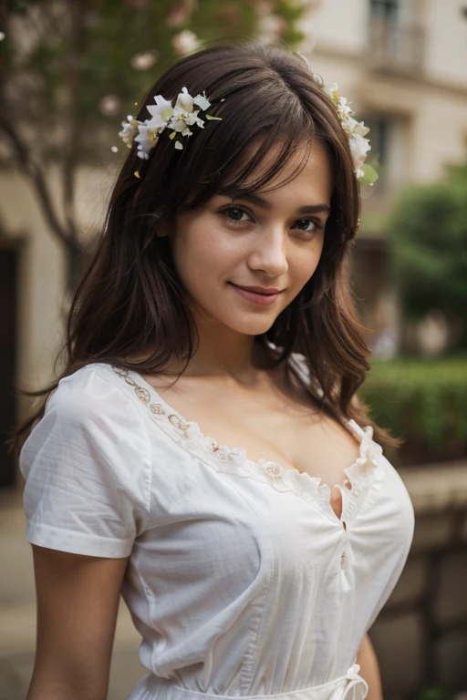 medium view, medium shot, depth of field, bust, upper body, cinematic angle, masterpiece, Best quality, super detailed, computer graphics, 8k wallpaper, Beautiful face, tender eyes, countries, One, smile, bang, skirt, shirt, It has, dress, a gift, petals, bouquet