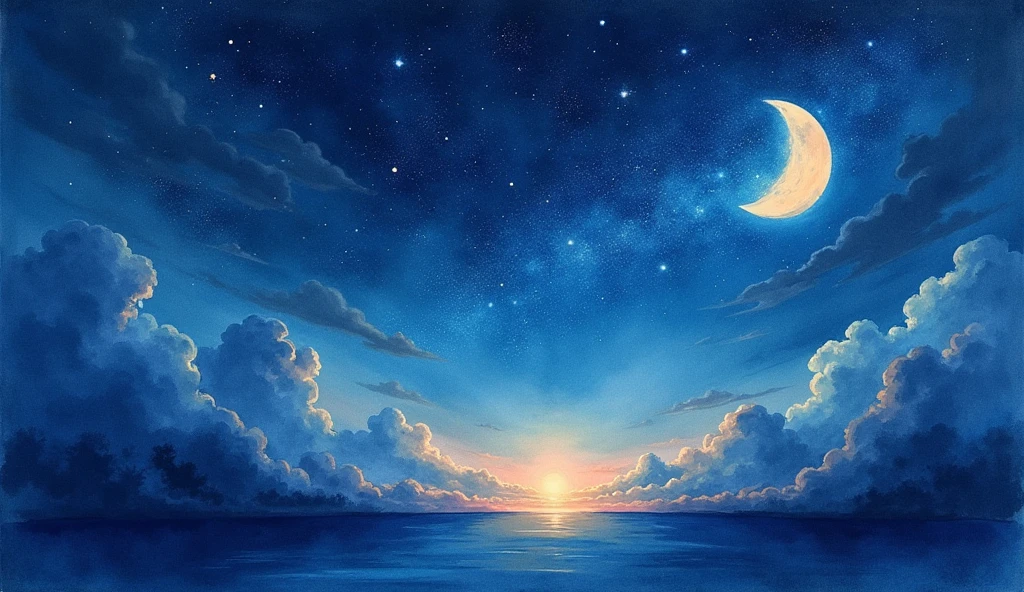 watercolor art of a night with a moon and a beautiful starry sky that looks well lit