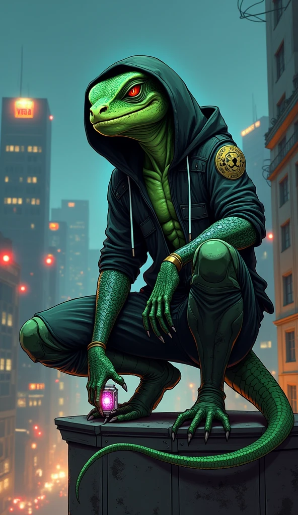 anime style illustrative art , lizard head, 1 tail , greenskin, lizard head, lizard man, cyber right arm, Eyes red, wearing hooligan clothes, hooded, tatuados, futuristic favela scene at night, on top of a building, squatting down , athletic body,serious face, half cyborg, Focus on character and setting, serious face, Raby, showing the character completely,holding a transparent chip.