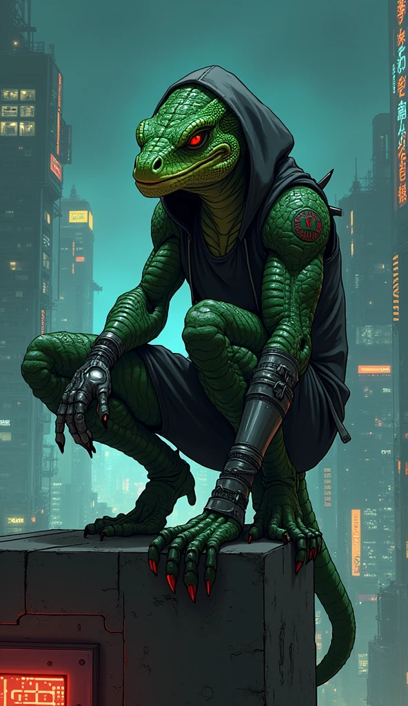anime style illustrative art , lizard head, 1 tail , greenskin, lizard head, lizard man, cyber right arm, Eyes red, wearing hooligan clothes, hooded, tatuados, futuristic favela scene at night, on top of a building, squatting down , athletic body,serious face, half cyborg, Focus on character and setting, serious face, Raby, showing the character completely,holding a transparent chip.