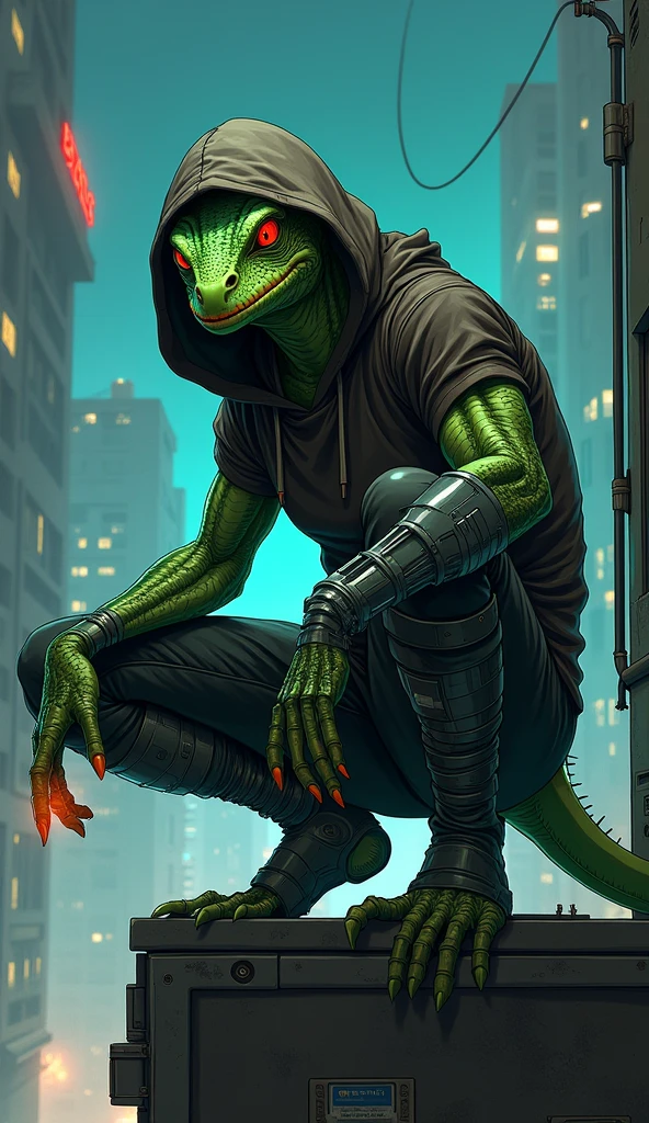 anime style illustrative art , lizard head, 1 tail , greenskin, lizard head, lizard man, cyber right arm, Eyes red, wearing hooligan clothes, hooded, tatuados, futuristic favela scene at night, on top of a building, squatting down , athletic body,serious face, half cyborg, Focus on character and setting, serious face, Raby, showing the character completely,holding a transparent chip.