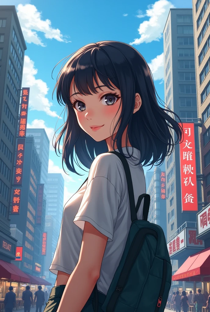 Anime girl in a city with casual clothes black hair during the day 