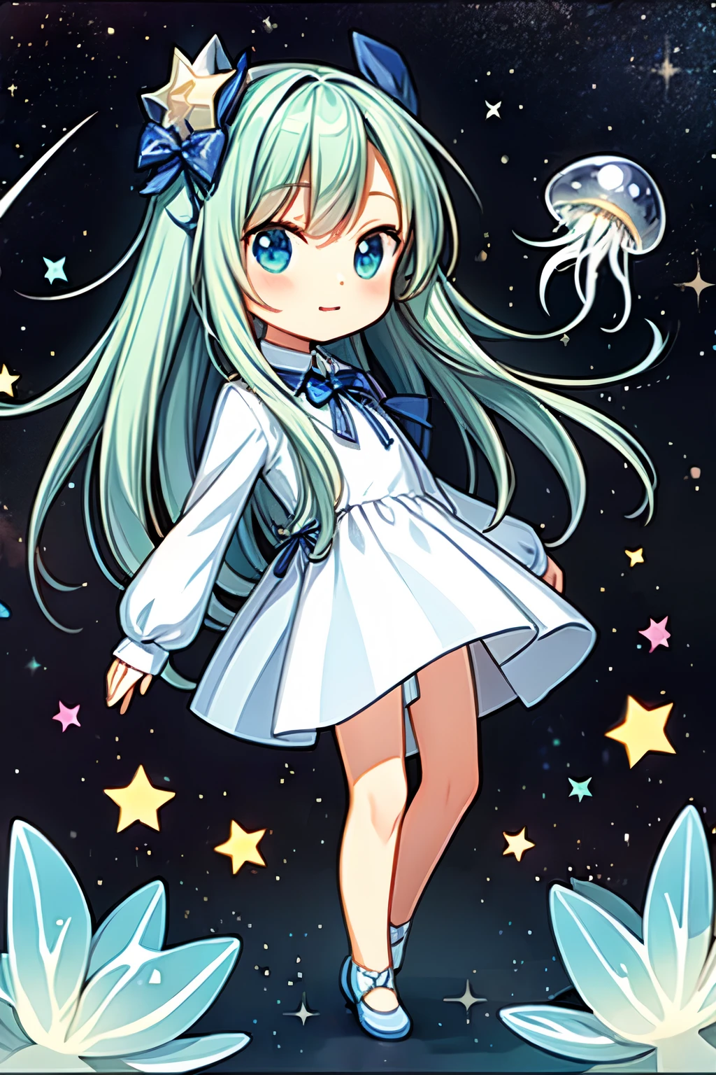 galaxy, rocket, jellyfish, shooting star, cute art. Chibi, digital art. Cozy calm, more