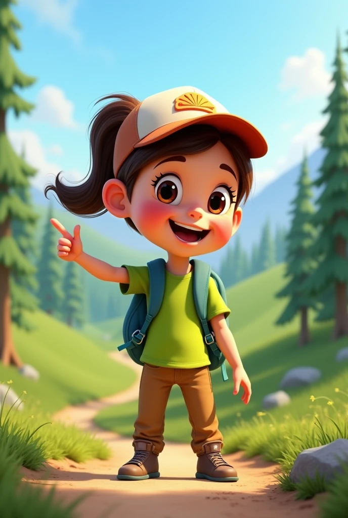 


Create Disney Pixar Cartoon image of a girl with a ponytail and a cap, with a green t-shirt, hiking pants and shoes, with a backpack on his back, pointing to a place.

