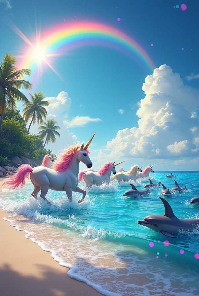 Create a colorful image with unicorns and dolphins inside a realistic beach with the horses swimming with the dolphins jumping on the beach colorful with rainbows and everything with many colors and various horses and unicorns and colors and fanciful