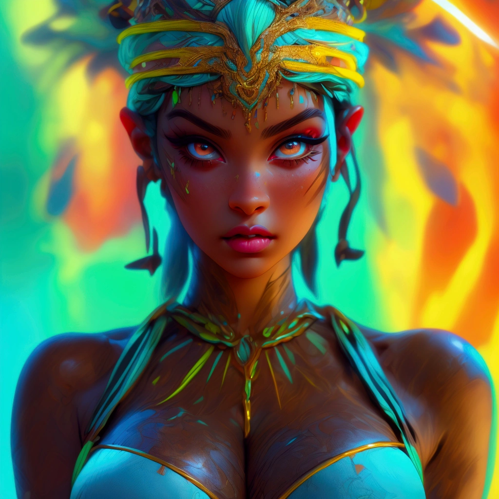(Extremely detailed CG 8k wallpaper), world class portrait of the most curvaceous aboriginal woman in the world, dynamic pose, beautiful face, (light skinned brown:1.2), large_breast, ample hips, (insanely detailed accentuated big booty), beautiful (booty:0.75), (thick_thighs), ((well toned body:0.75)), blue and neon green tribal bikini, ((realistic skin:0.75)), detailed symmetrical body, detailed symmetrical hands, delicious looking booty, (mascara, makeup), (shiny lips), detailed cinematic lighting, rim lighting,