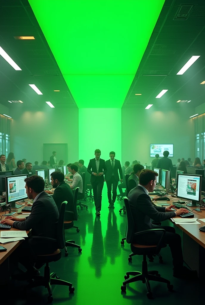 Give me a newsroom with a green background