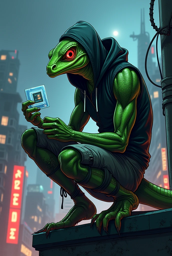 anime style illustrative art , lizard head, 1 tail , greenskin, lizard head, lizard man, cyber right arm, Eyes red, wearing hooligan clothes, hooded, tatuados, futuristic favela scene at night, on top of a building, squatting down , athletic body,serious face, half cyborg, Focus on character and setting, serious face, Raby, showing the character completely,holding a transparent chip.