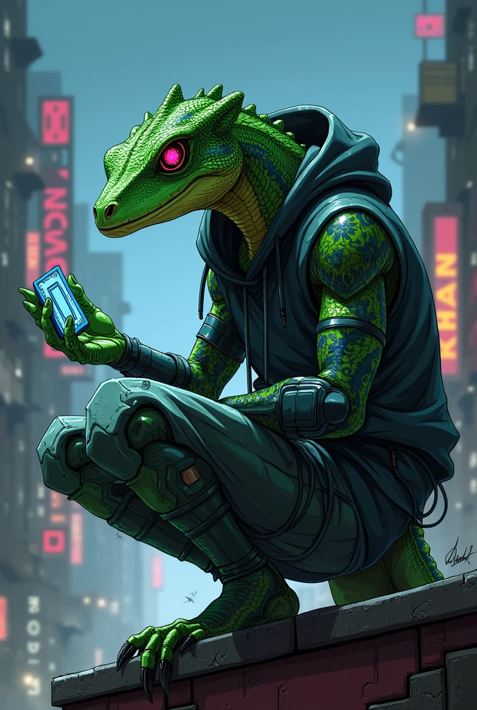 anime style illustrative art , lizard head, 1 tail , greenskin, lizard head, lizard man, cyber right arm, Eyes red, wearing hooligan clothes, hooded, tatuados, futuristic favela scene at night, on top of a building, squatting down , athletic body,serious face, half cyborg, Focus on character and setting, serious face, Raby, showing the character completely,holding a transparent chip.
