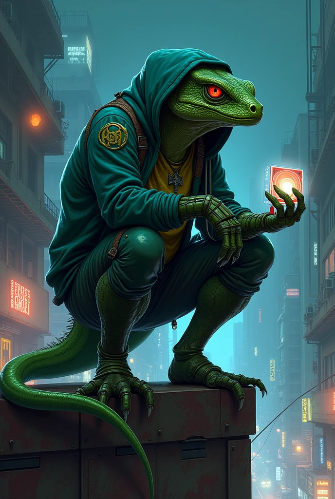 anime style illustrative art , lizard head, 1 tail , greenskin, lizard head, lizard man, cyber right arm, Eyes red, wearing hooligan clothes, hooded, tatuados, futuristic favela scene at night, on top of a building, squatting down , athletic body,serious face, half cyborg, Focus on character and setting, serious face, Raby, showing the character completely,holding a transparent chip.