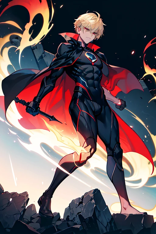 2 masculine man with short blonde hair black eyes, Muscular ectomorph body dressed in a black full-body superhero suit with a red emblem on the chest and a blue cape posing with arms crossed
