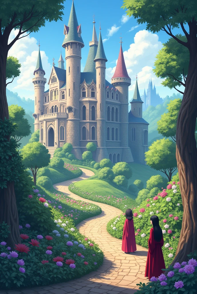 A magical school, with castles, flowers, plants, in anime format.