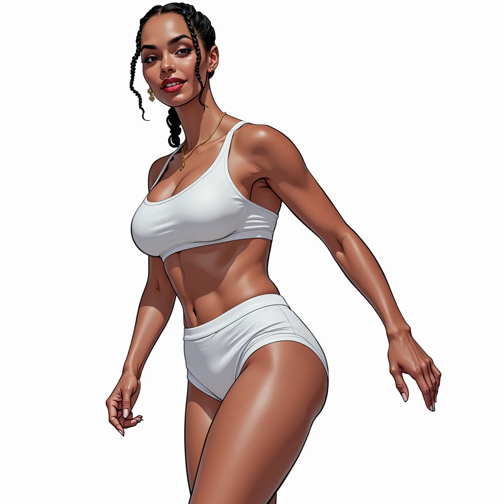 (masterpiece, best quality)), ((((perfect anatomy)))), Brazilian woman with tied back black braids, dark eye-shadow, dark red lipstick, dark brown eyes, white bra , (((white high cut cotton panties))), smiling, big hips, walking around in a locker-room, (((comic book art style)))
