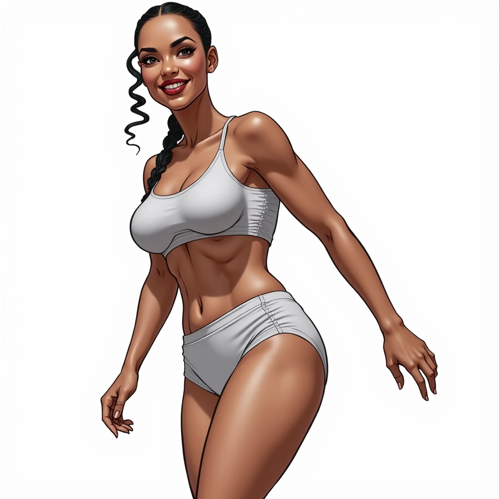 (masterpiece, best quality)), ((((perfect anatomy)))), Brazilian woman with tied back black braids, dark eye-shadow, dark red lipstick, dark brown eyes, white bra , (((white high cut cotton panties))), smiling, big hips, walking around in a locker-room, (((comic book art style)))