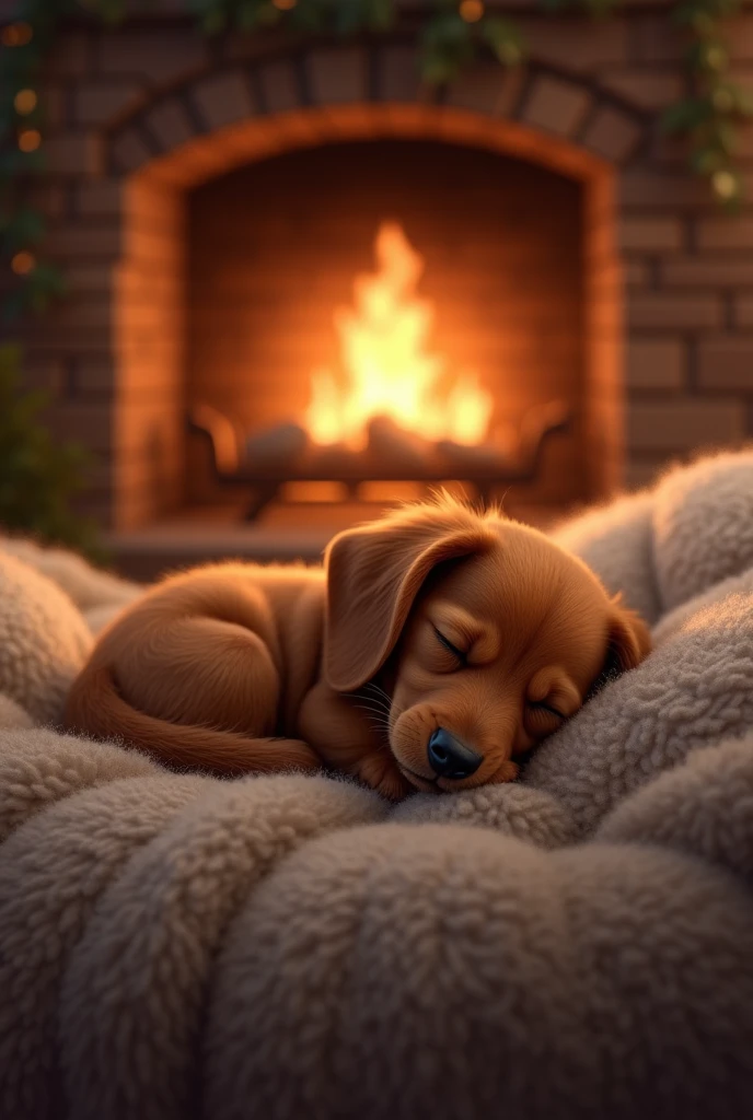 Dachshund baby sleeping、On the sofa in the room with the fireplace、I'm having a happy dream