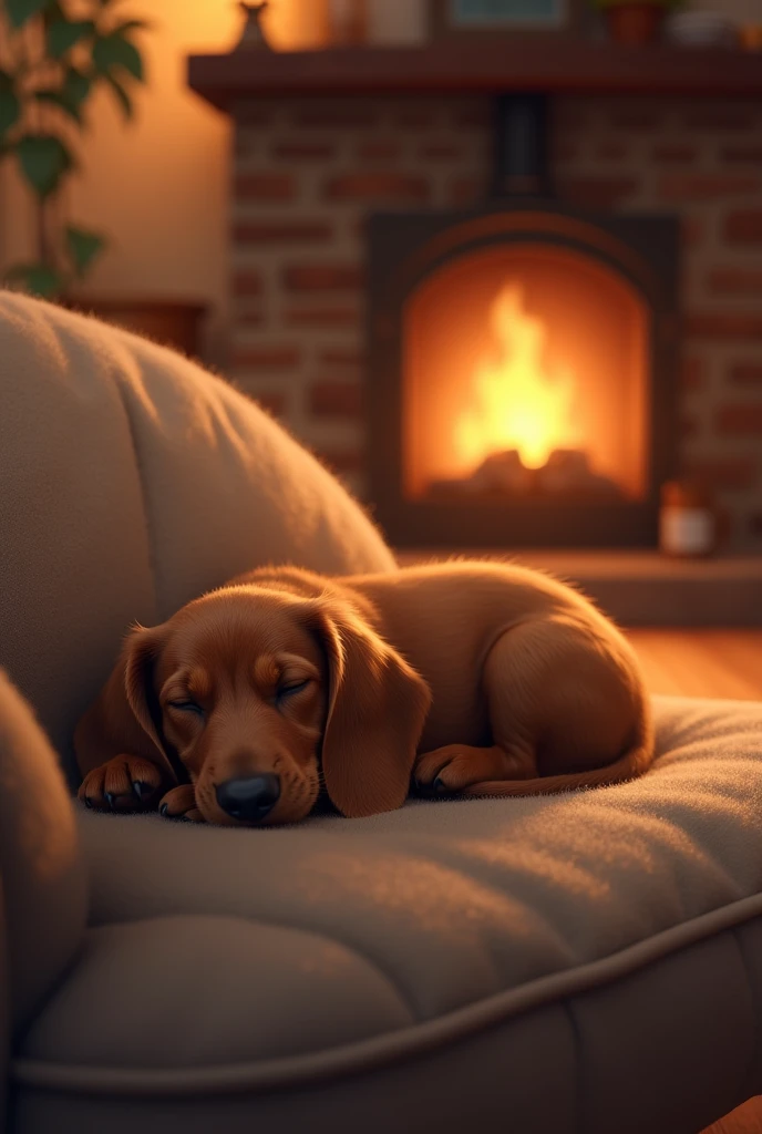Dachshund baby sleeping、On the sofa in the room with the fireplace、I'm having a happy dream
