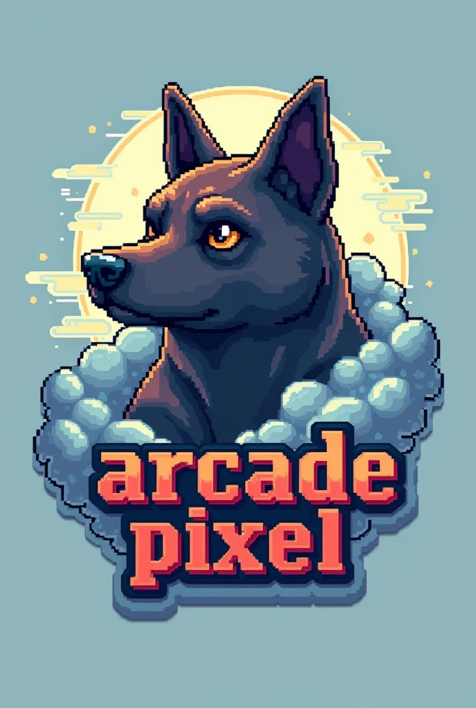 Logo with a less cute dog in the clouds written arcade pixel dream below pixelated