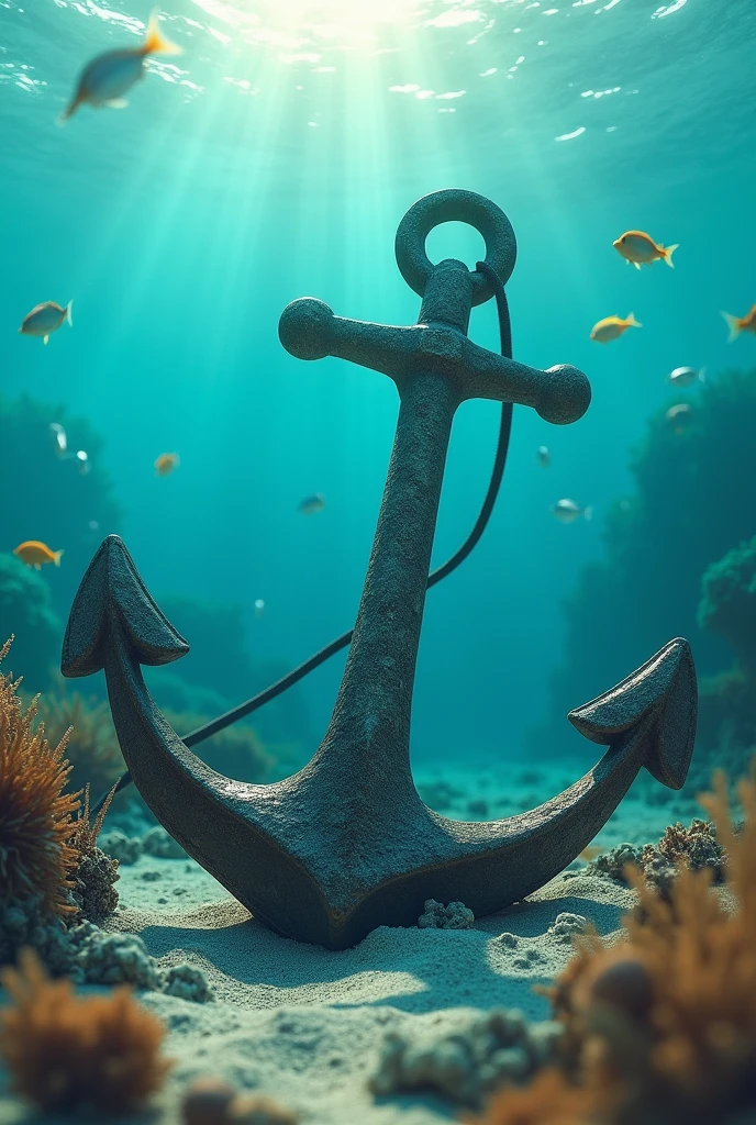 An anchor a little submerged in sea, 8K, High Quality, photorealistic, 