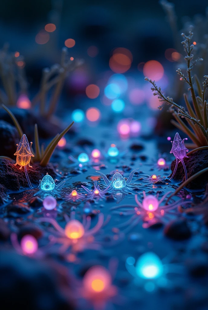 colorful, highly detailed macro shot of the complicated happy miniature luminiscent life in a puddle, at night