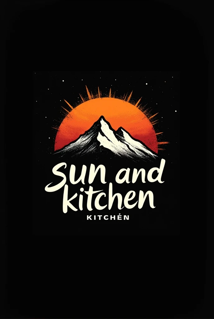 
 a logo with a black background containing the words "The Sun and Earth Kitchen" that they are inside a sun and a snowy mountain with the letters in Spanish 
