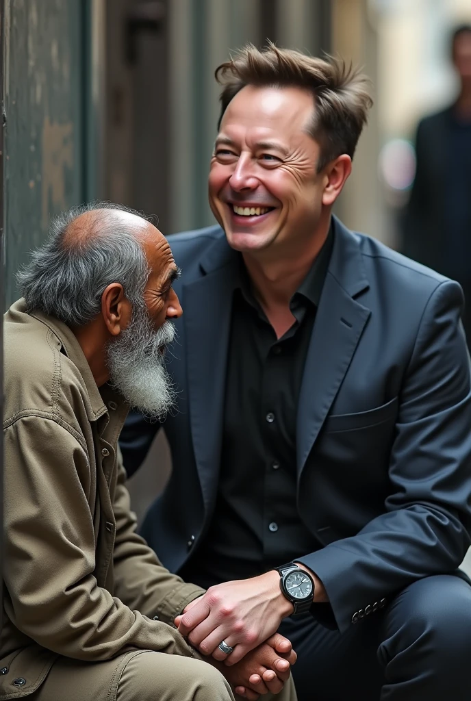 Elon Musk sitting and laughing admiring Minister Alexandre de Moraes arrested dressed as a homeless person