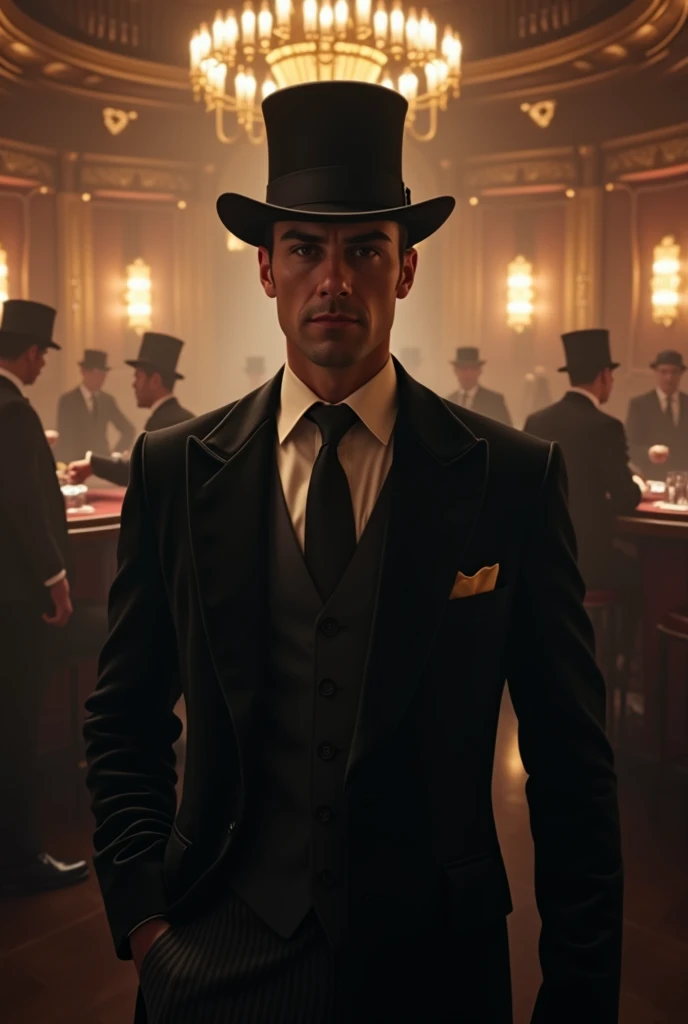 Inside of a speakeasy in 1920 people are drinking and gambling with man in velvet suit and black top hat in front facing the camera 