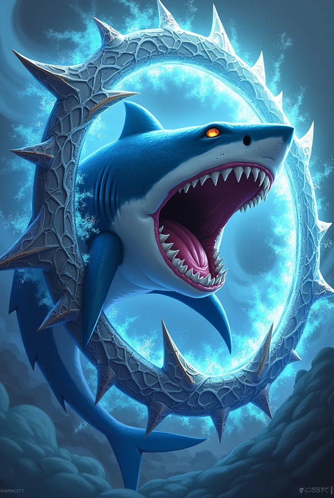 Anime chakram with cute shark details and an angry face