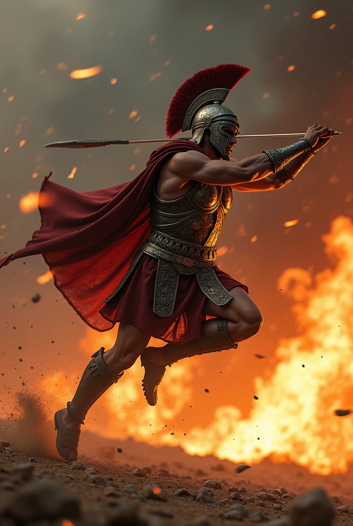 spartaan met een harnas en helm, die in een sprong aanvalt met een speer, met vuur op de achtergrond


