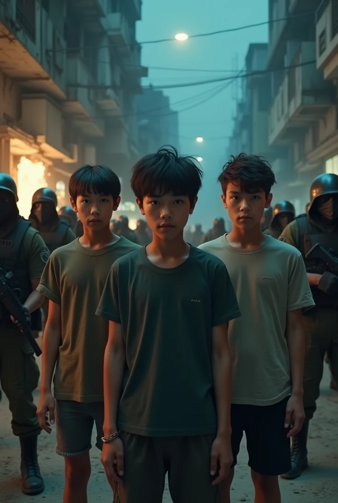 Scene of the three young people being confronted by guards, (tension and drama), night urban environment, low lighting, deep shadows, expressions of courage and determination, barricades and degraded structures in the background, elements of resistance and challenge, (intense and exciting atmosphere) , 4K, ultra-detailed.