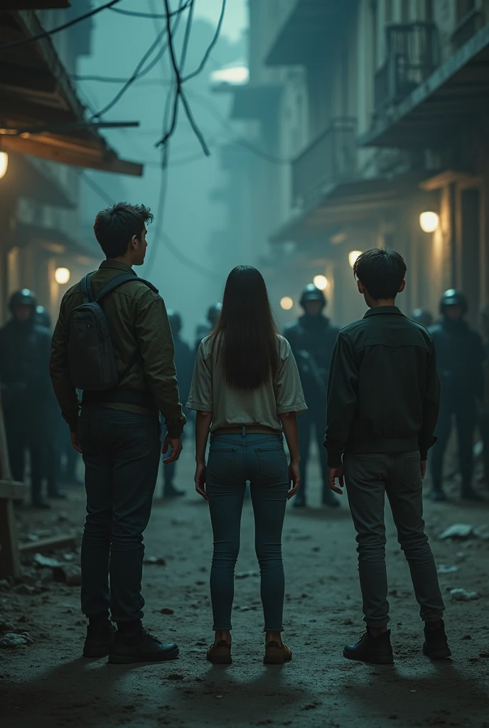 Scene of the three young people being confronted by guards, (tension and drama), night urban environment, low lighting, deep shadows, expressions of courage and determination, barricades and degraded structures in the background, elements of resistance and challenge, (intense and exciting atmosphere) , 4K, ultra-detailed.