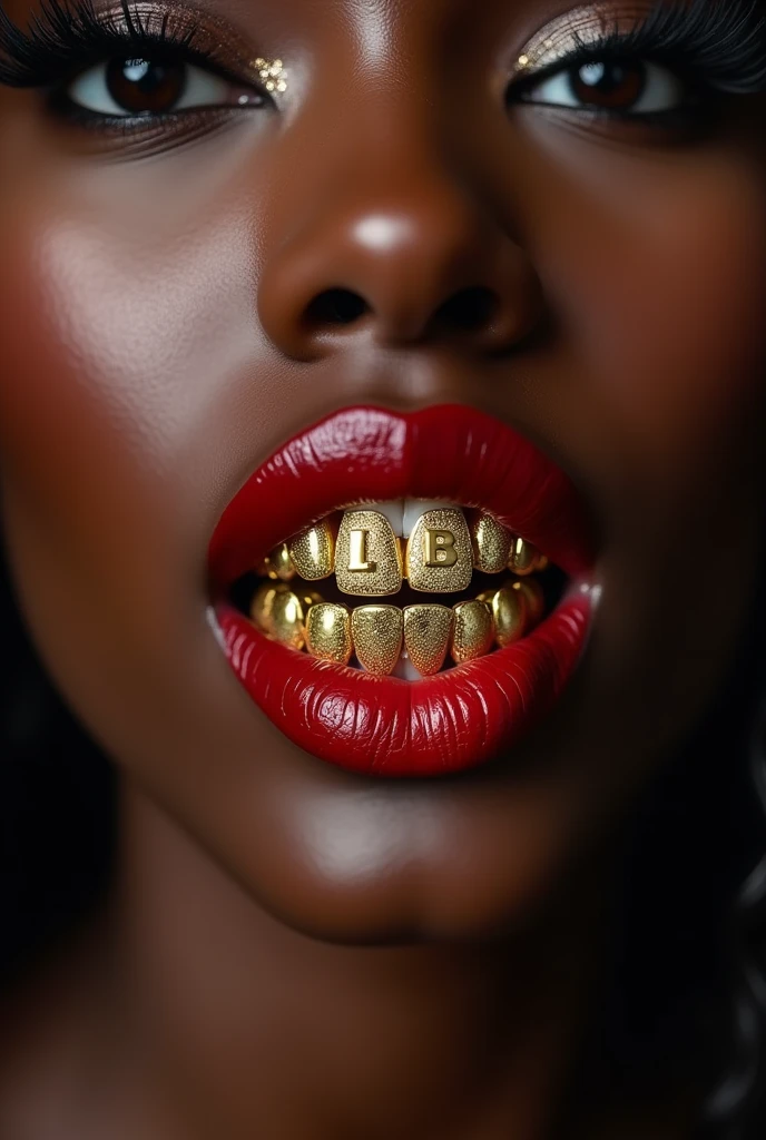 a female mouth, with lush red lipstick , dark-skinned, the upper teeth written " lab"with gold grillz, and on the lower teeth golden grillz written " DELAXX"